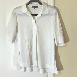 Lafayette 148  White Short Sleeve, Button front Blouse. Shorter Front.Size XS